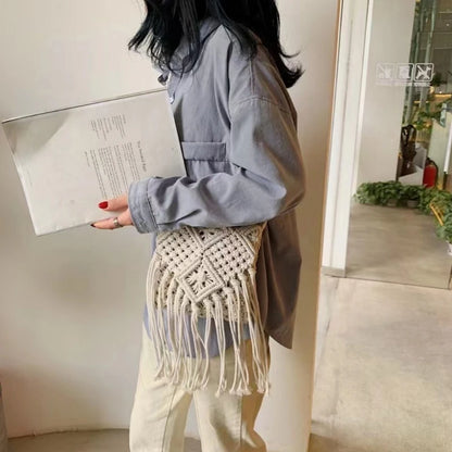 Fashion Woven Bag Woven Knitted Tassel-Bags Crossbody Bag Summer-Beach Shoulder Bag Gift for Women Girl  Bags