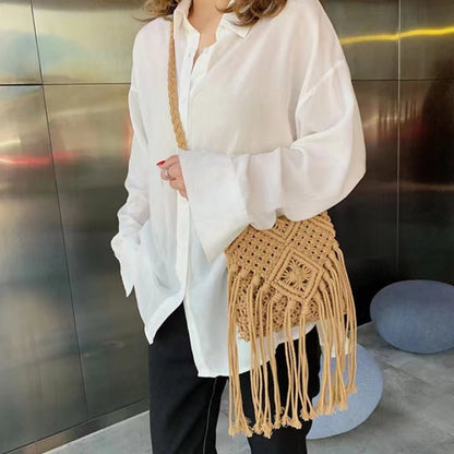Fashion Woven Bag Woven Knitted Tassel-Bags Crossbody Bag Summer-Beach Shoulder Bag Gift for Women Girl  Bags