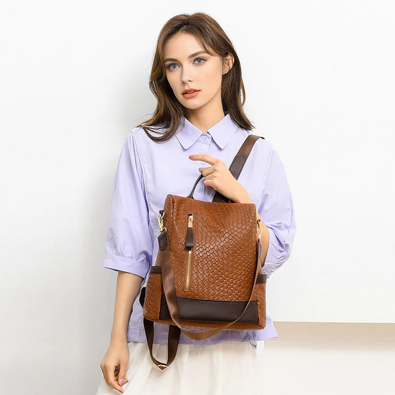Fashion Woven Design Backpack Luxury Brand Women's Backpacks High Quality Leather Large Capacity Bagpack Girl's Travel Mochilas