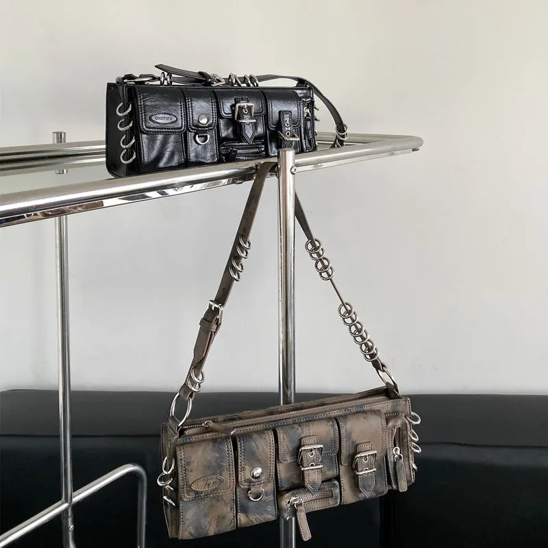 Fashion Y2k Punk Street Underarm Shoulder Bags Versatile Multi Pocket Motorcycle Bag Casual All-match Grunge Bolsos 90s Purses