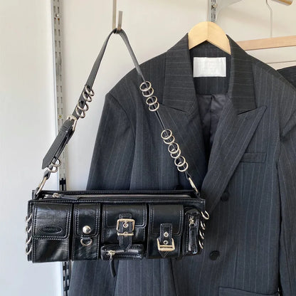Fashion Y2k Punk Street Underarm Shoulder Bags Versatile Multi Pocket Motorcycle Bag Casual All-match Grunge Bolsos 90s Purses
