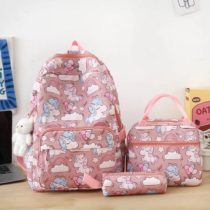 Fashion cartoon printed backpack for teenage girls Middle school students School bag 3-piece set with lunch bag and pencil case