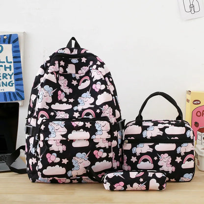 Fashion cartoon printed backpack for teenage girls Middle school students School bag 3-piece set with lunch bag and pencil case