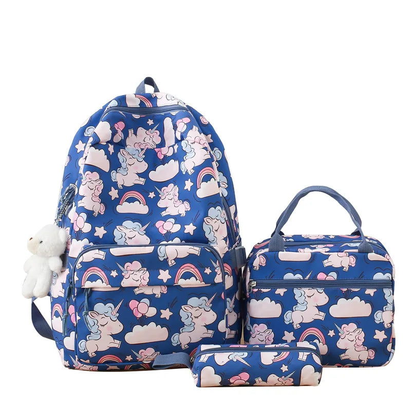 Fashion cartoon printed backpack for teenage girls Middle school students School bag 3-piece set with lunch bag and pencil case