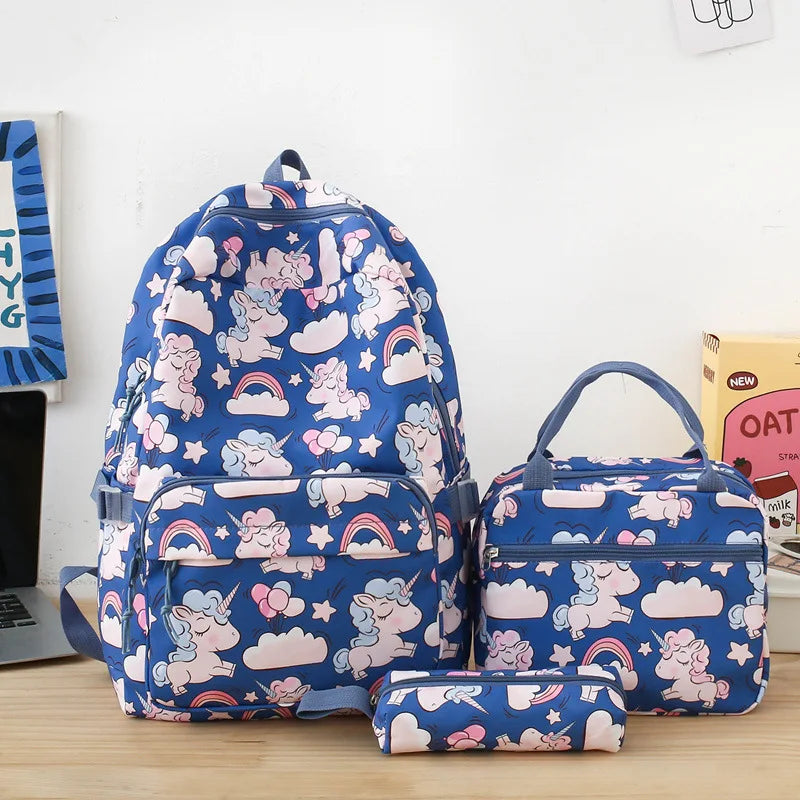 Fashion cartoon printed backpack for teenage girls Middle school students School bag 3-piece set with lunch bag and pencil case
