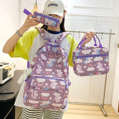 Fashion cartoon printed backpack for teenage girls Middle school students School bag 3-piece set with lunch bag and pencil case
