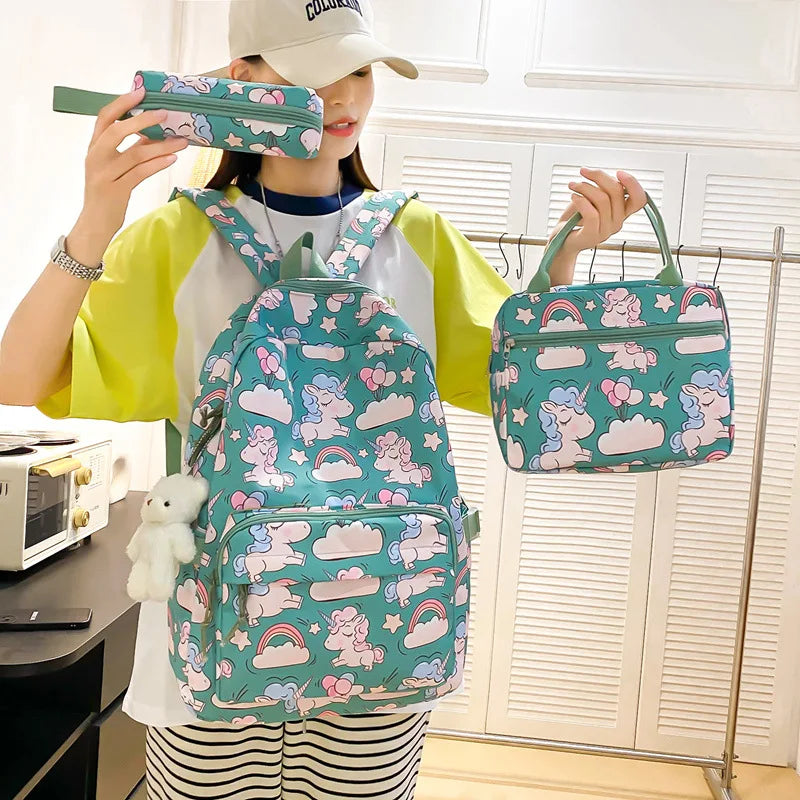 Fashion cartoon printed backpack for teenage girls Middle school students School bag 3-piece set with lunch bag and pencil case