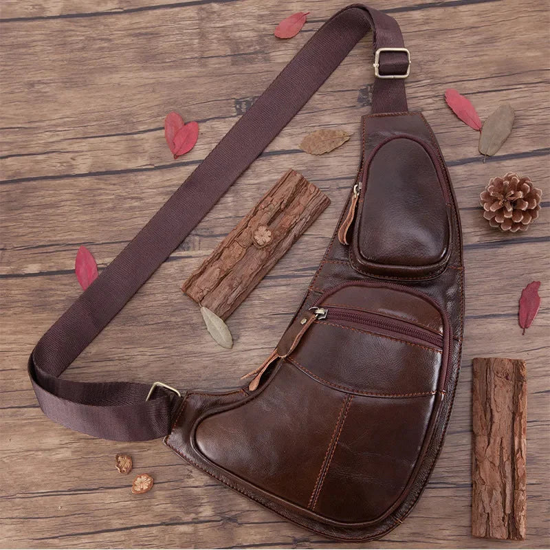 Fashion genuine leather men's chest cowhide crossbody multifunction shoulder messenger travel small male sling bag
