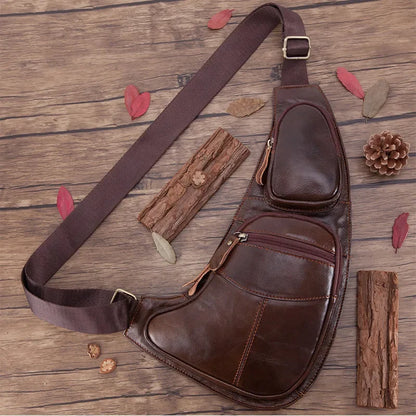 Fashion genuine leather men's chest cowhide crossbody multifunction shoulder messenger travel small male sling bag