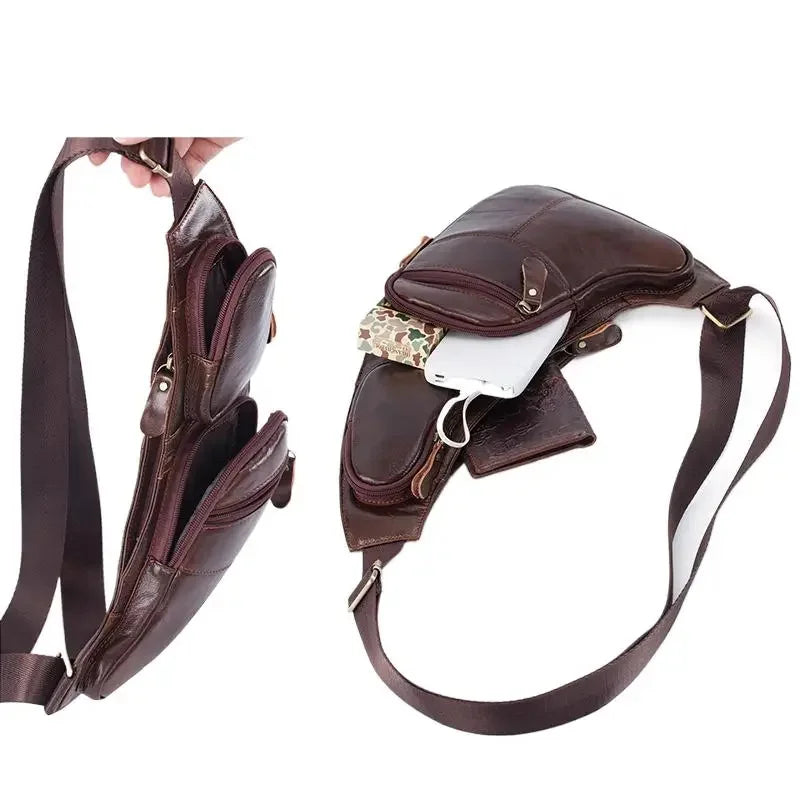 Fashion genuine leather men's chest cowhide crossbody multifunction shoulder messenger travel small male sling bag