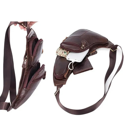 Fashion genuine leather men's chest cowhide crossbody multifunction shoulder messenger travel small male sling bag