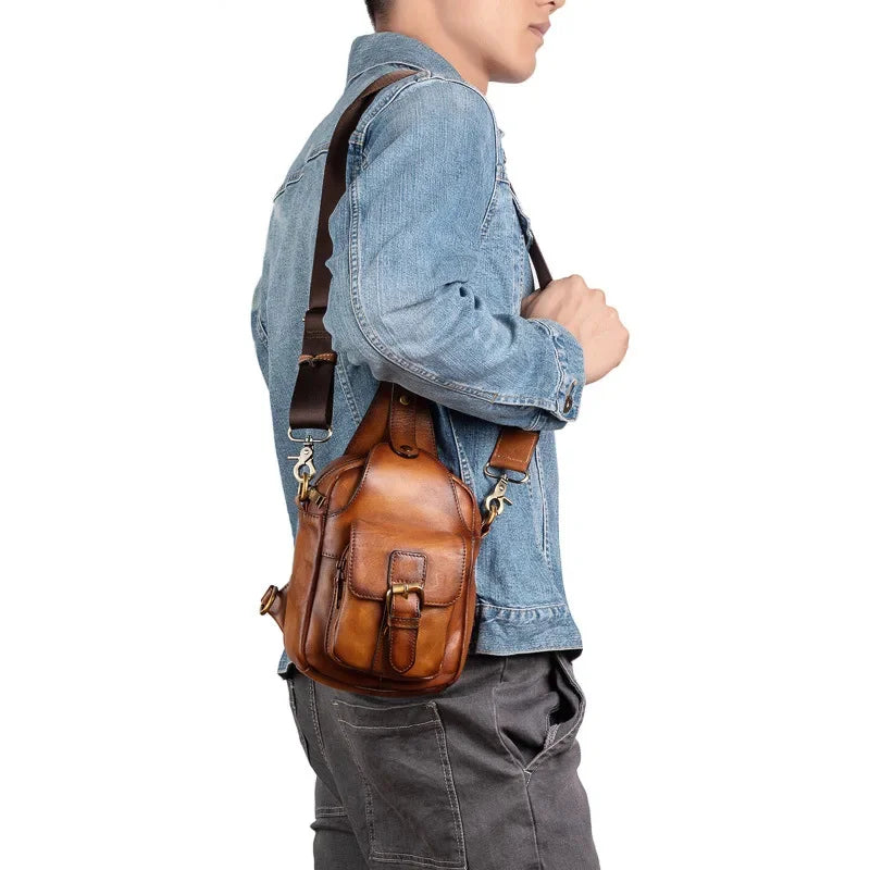 Fashion original leather men's chest vintage cowhide crossbody multifunction messenger large capacity sling bag