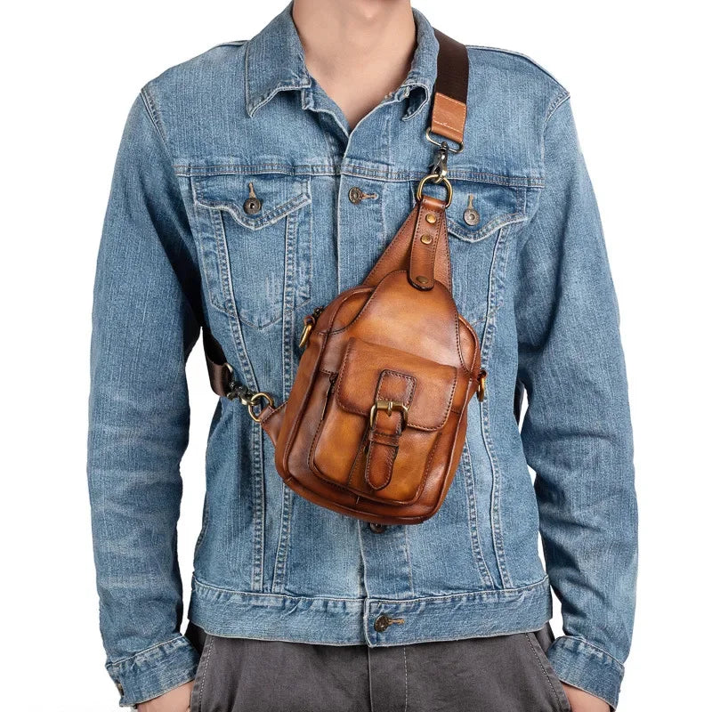 Fashion original leather men's chest vintage cowhide crossbody multifunction messenger large capacity sling bag