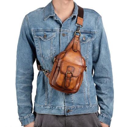 Fashion original leather men's chest vintage cowhide crossbody multifunction messenger large capacity sling bag