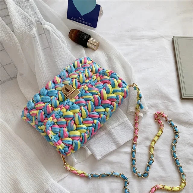 Fashion s for Women Hand Woven Strip Thread Hook Knitted Women's Casual Shoulder Crossbody Clutch Bag