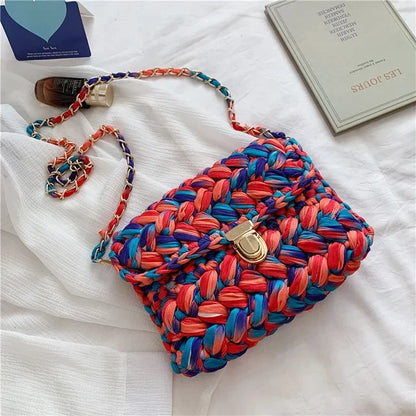 Fashion s for Women Hand Woven Strip Thread Hook Knitted Women's Casual Shoulder Crossbody Clutch Bag