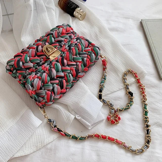 Fashion s for Women Hand Woven Strip Thread Hook Knitted Women's Casual Shoulder Crossbody Clutch Bag