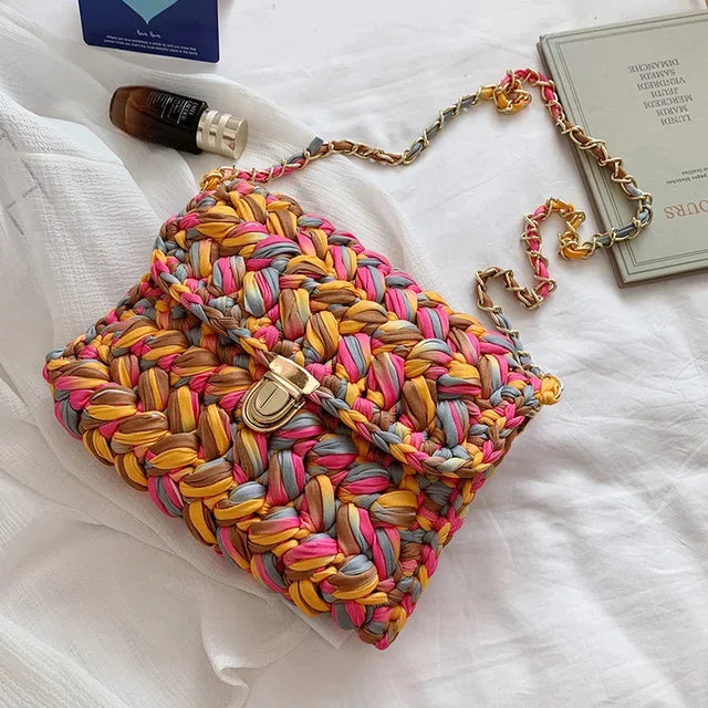 Fashion s for Women Hand Woven Strip Thread Hook Knitted Women's Casual Shoulder Crossbody Clutch Bag