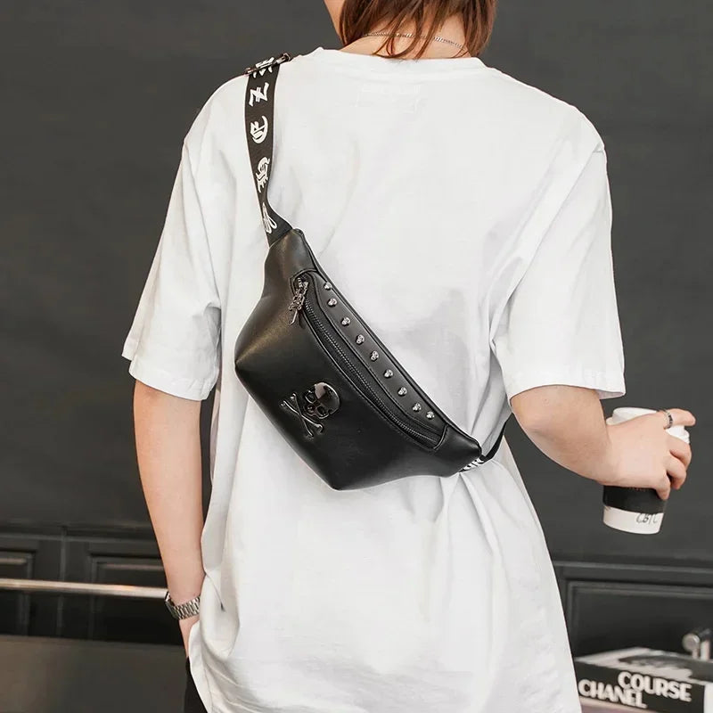 Fashion skull men's chest trendy leather male shoulder messenger outdoor crossbody bag