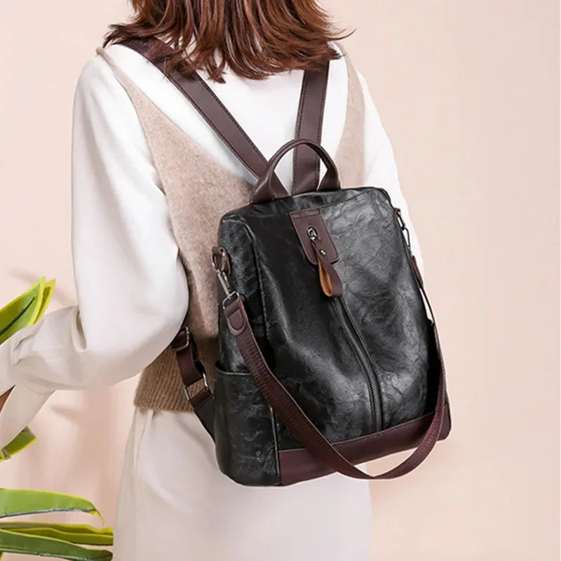Fashion vintage women's soft leather anti-thef travel backpack casual multifunction Feminina school bag