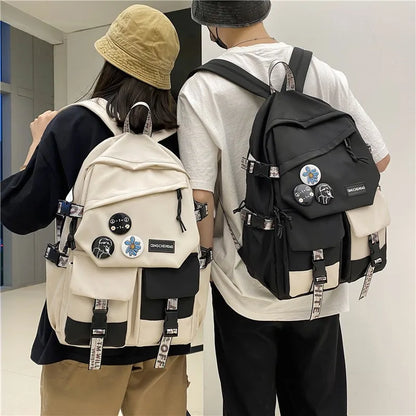 Fashion waterproof nylon women Backpack Girl travel High capacity student men black and white patchwork color laptop School bags