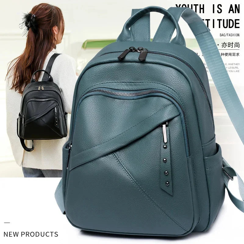 Fashiona Leather Women's Simple Solid Color Travel Backpack MultiFunction Student School Bag For Girl