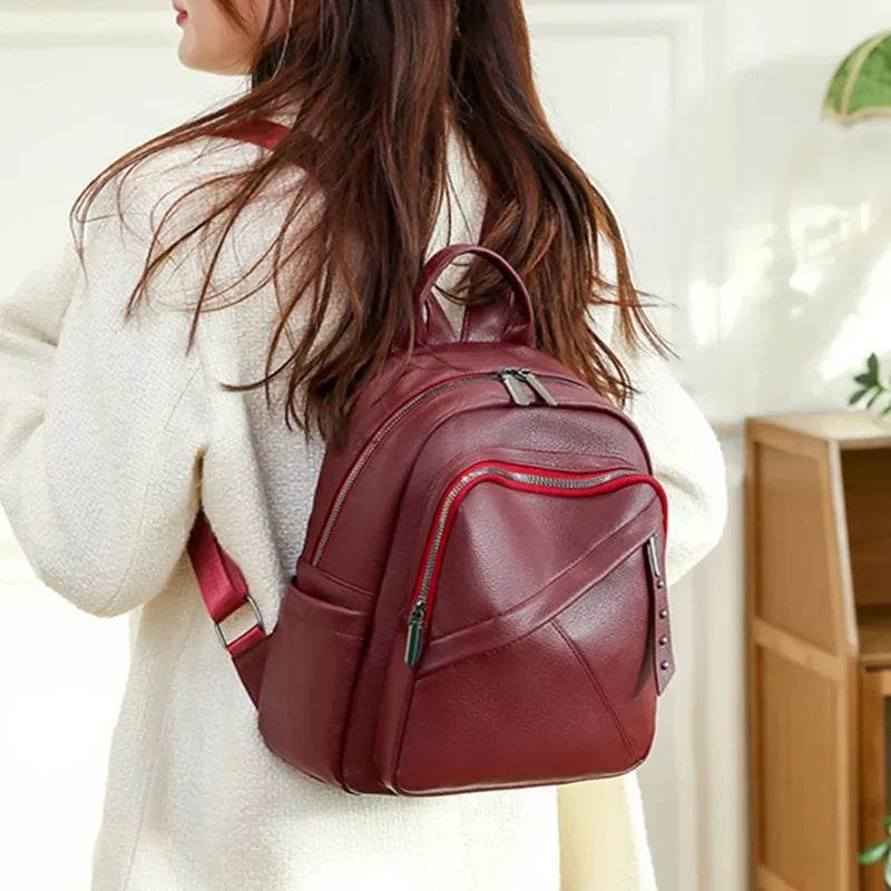 Fashiona Leather Women's Simple Solid Color Travel Backpack MultiFunction Student School Bag For Girl