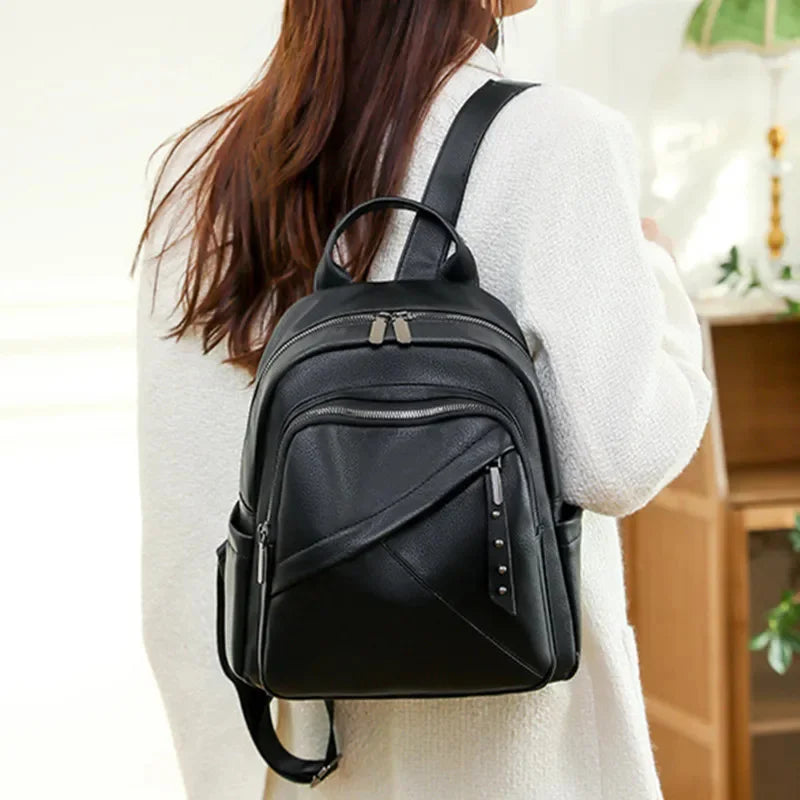 Fashiona Leather Women's Simple Solid Color Travel Backpack MultiFunction Student School Bag For Girl