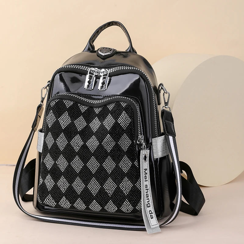 Fashionable Diamond Studded Grid Design Backpack Luxurious Women's Brand Backpack Mostly Functional High Capacity Travel Bookbag