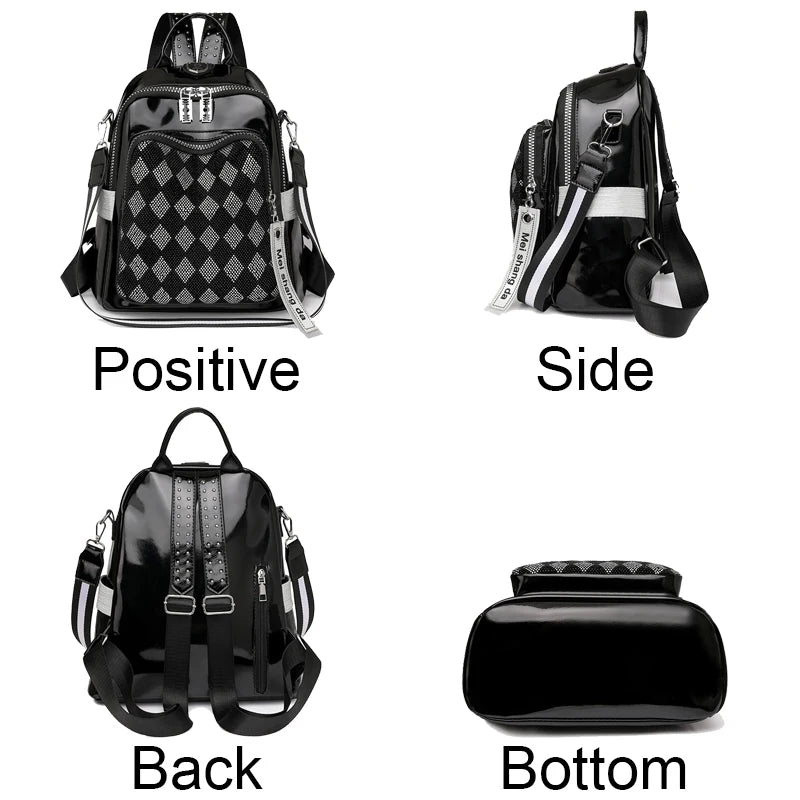 Fashionable Diamond Studded Grid Design Backpack Luxurious Women's Brand Backpack Mostly Functional High Capacity Travel Bookbag