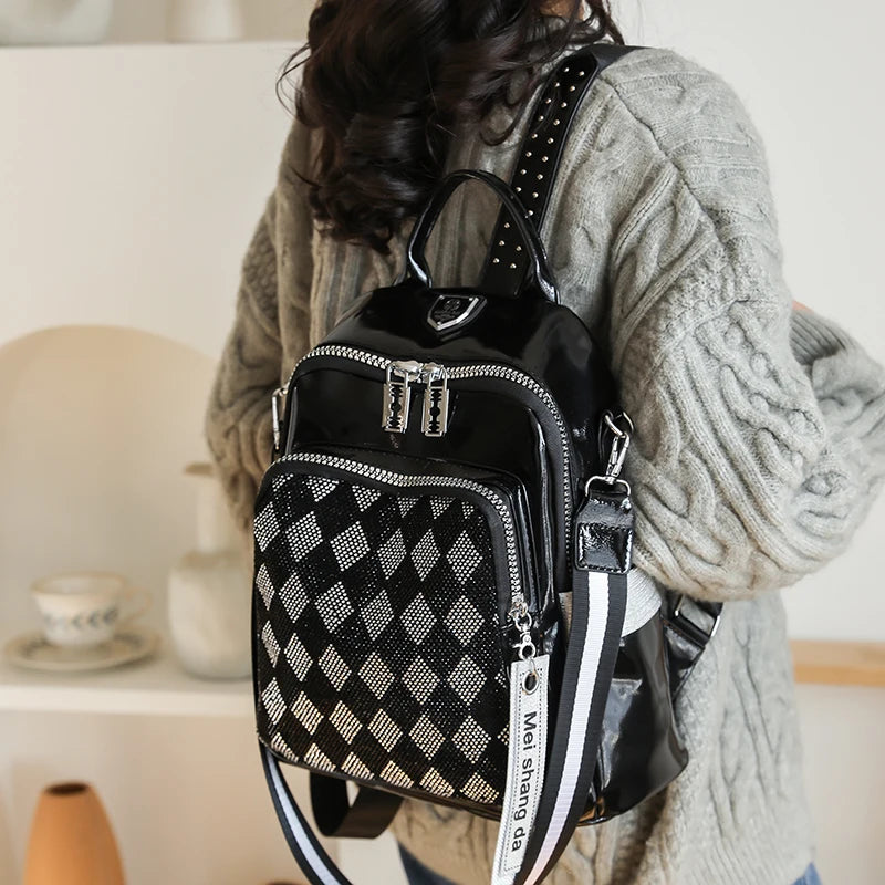 Fashionable Diamond Studded Grid Design Backpack Luxurious Women's Brand Backpack Mostly Functional High Capacity Travel Bookbag