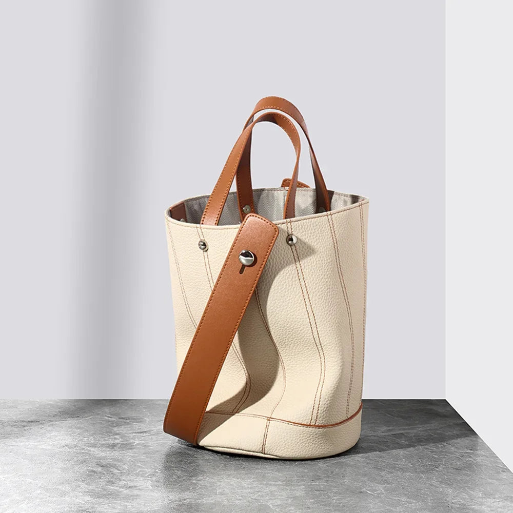 Fashionable Genuine Leather Bucket Bag, Contrasting Color Large-capacity Portable Shoulder Bag, First Layer Cowhide Tote Bag