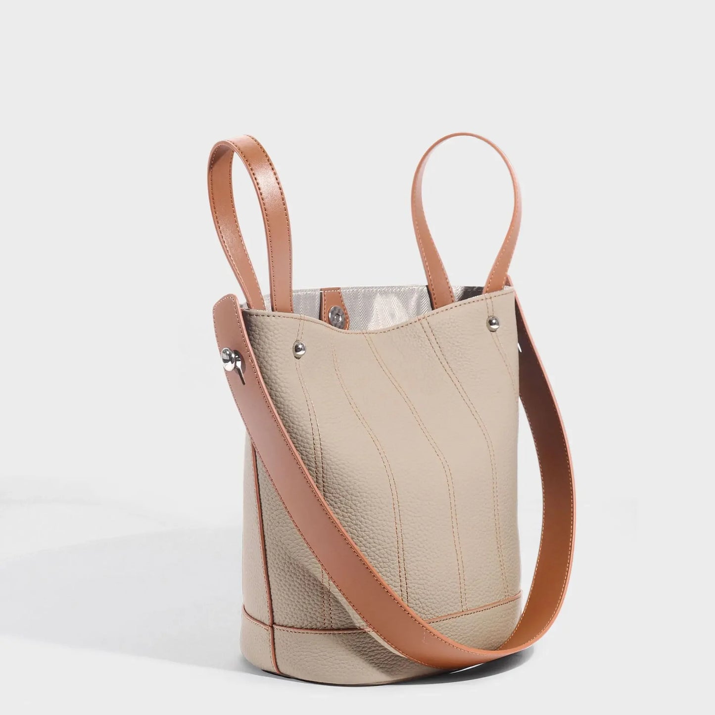 Fashionable Genuine Leather Bucket Bag, Contrasting Color Large-capacity Portable Shoulder Bag, First Layer Cowhide Tote Bag
