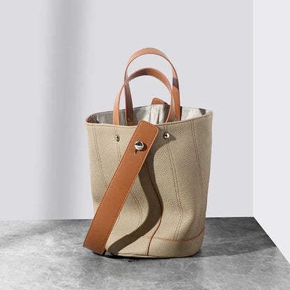 Fashionable Genuine Leather Bucket Bag, Contrasting Color Large-capacity Portable Shoulder Bag, First Layer Cowhide Tote Bag