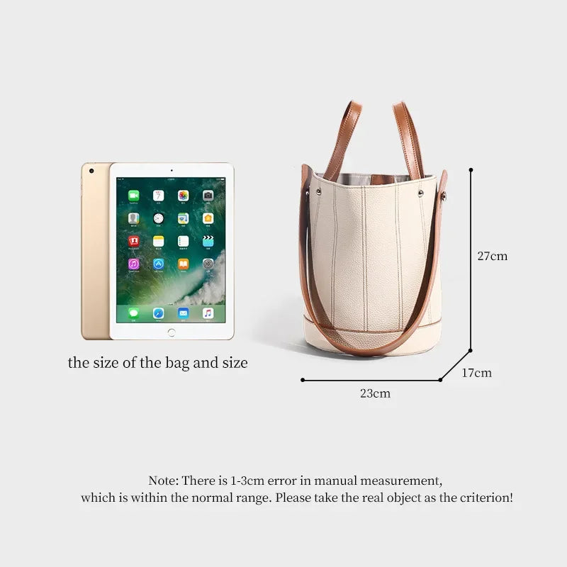 Fashionable Genuine Leather Bucket Bag, Contrasting Color Large-capacity Portable Shoulder Bag, First Layer Cowhide Tote Bag