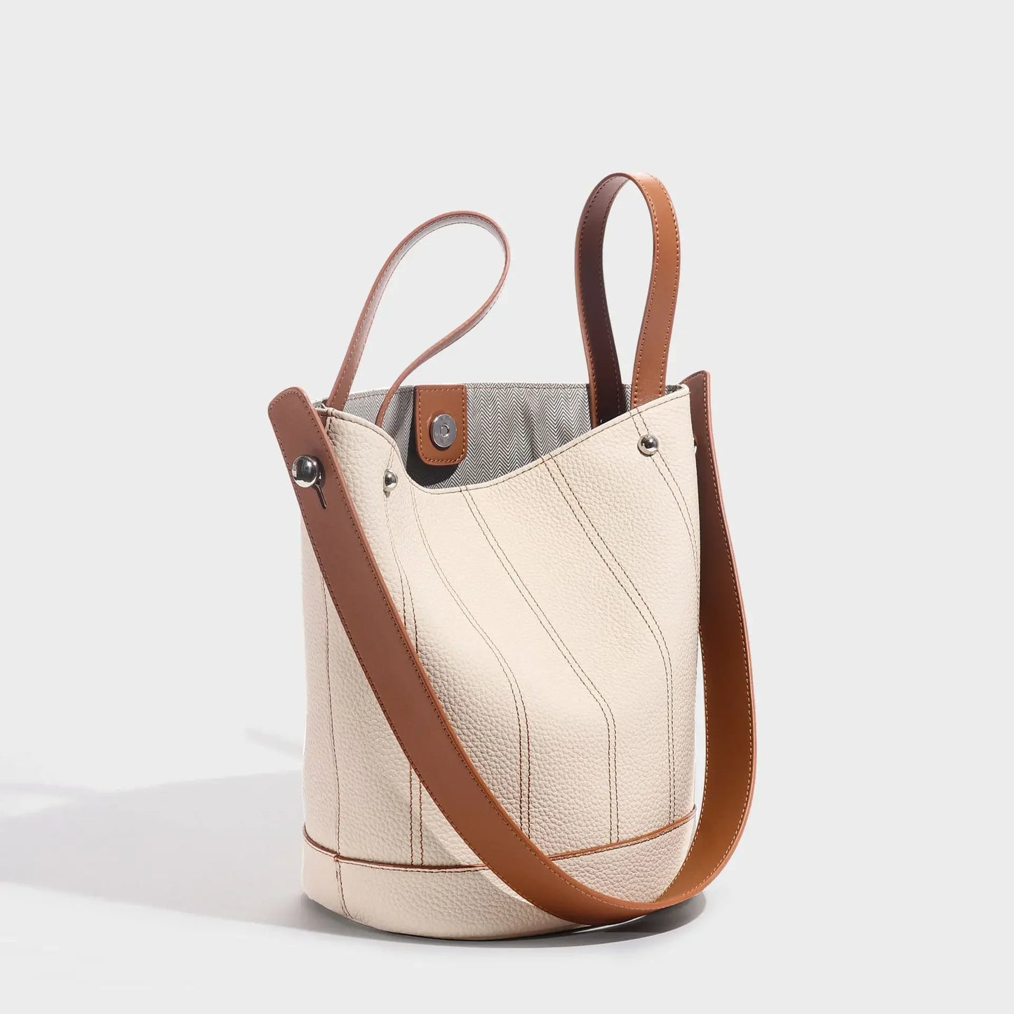 Fashionable Genuine Leather Bucket Bag, Contrasting Color Large-capacity Portable Shoulder Bag, First Layer Cowhide Tote Bag