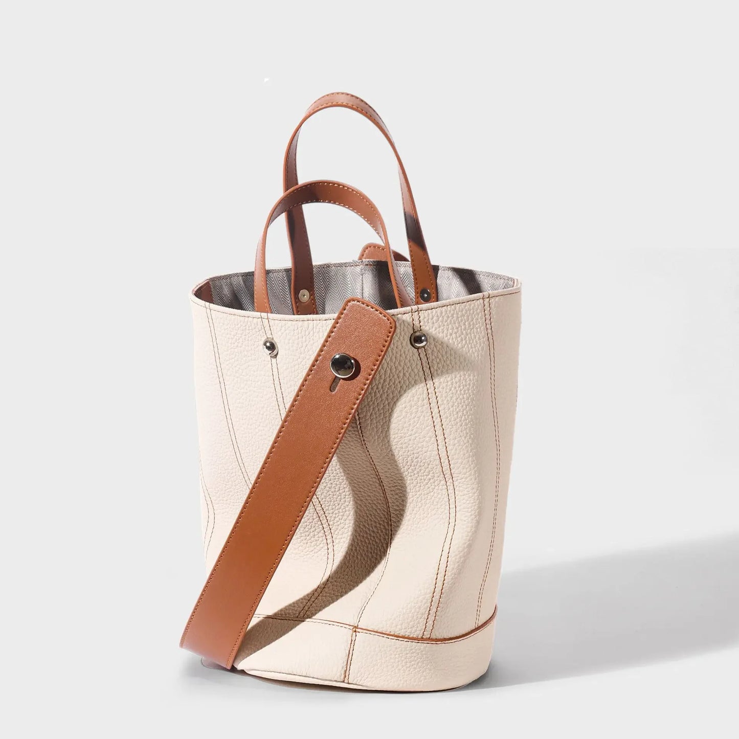 Fashionable Genuine Leather Bucket Bag, Contrasting Color Large-capacity Portable Shoulder Bag, First Layer Cowhide Tote Bag