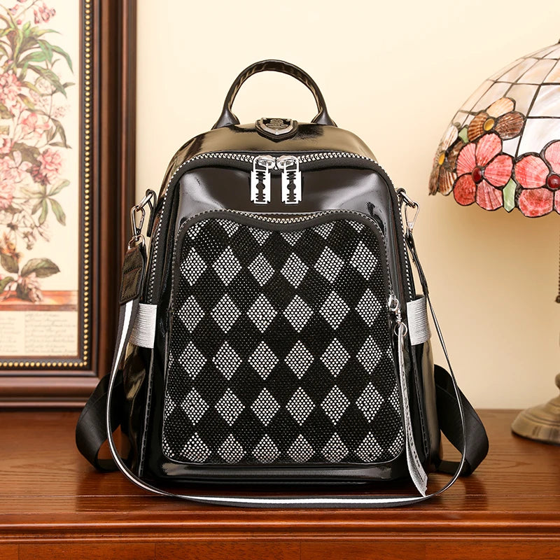 Fashionable Trendy Women's Backpack With Diamond Grid for Female Single Shoulder Bag High Quality Soft Leather Girl School Bags