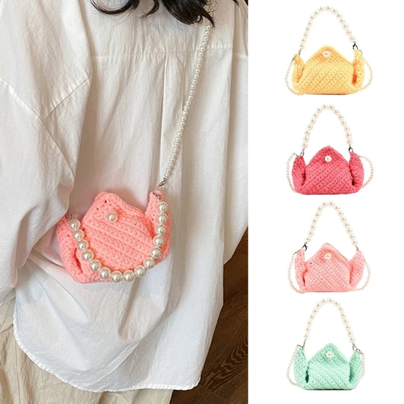 Fashionable Women's Knitted Handbag Shoulder Bag with Artificial Pearl Decor