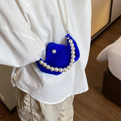 Fashionable Women's Knitted Handbag Shoulder Bag with Artificial Pearl Decor