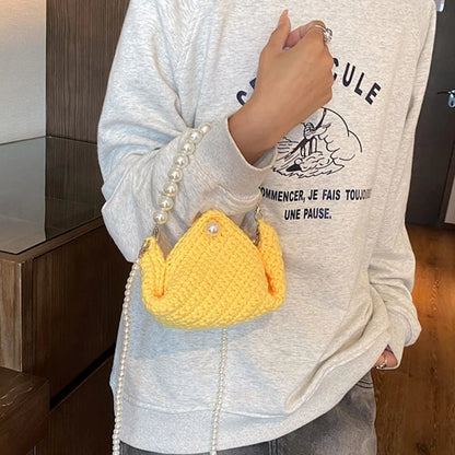 Fashionable Women's Knitted Handbag Shoulder Bag with Artificial Pearl Decor