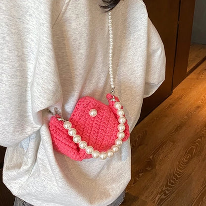 Fashionable Women's Knitted Handbag Shoulder Bag with Artificial Pearl Decor