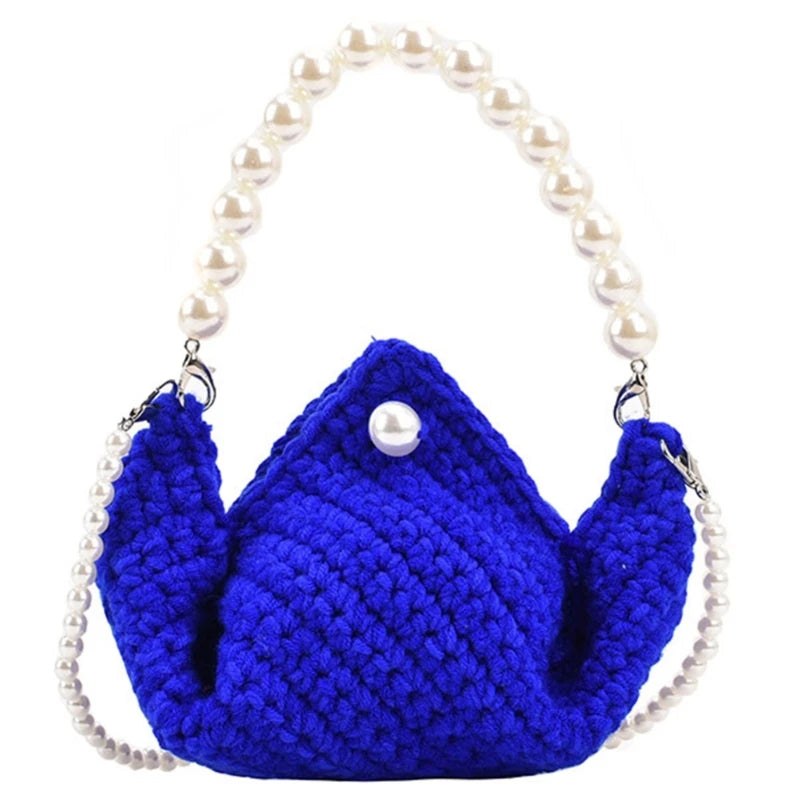 Fashionable Women's Knitted Handbag Shoulder Bag with Artificial Pearl Decor