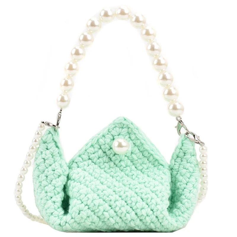 Fashionable Women's Knitted Handbag Shoulder Bag with Artificial Pearl Decor