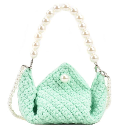 Fashionable Women's Knitted Handbag Shoulder Bag with Artificial Pearl Decor