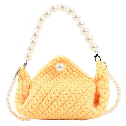 Fashionable Women's Knitted Handbag Shoulder Bag with Artificial Pearl Decor