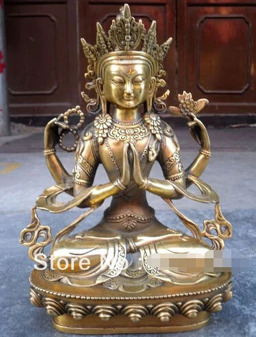 Fast Shipping>Tibetan bronze Four-armed guanyin buddha statue