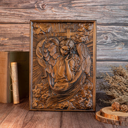 Female Archangel Chamuel wood carving square plaque religious objects Christian icons handmade wood carving decorations