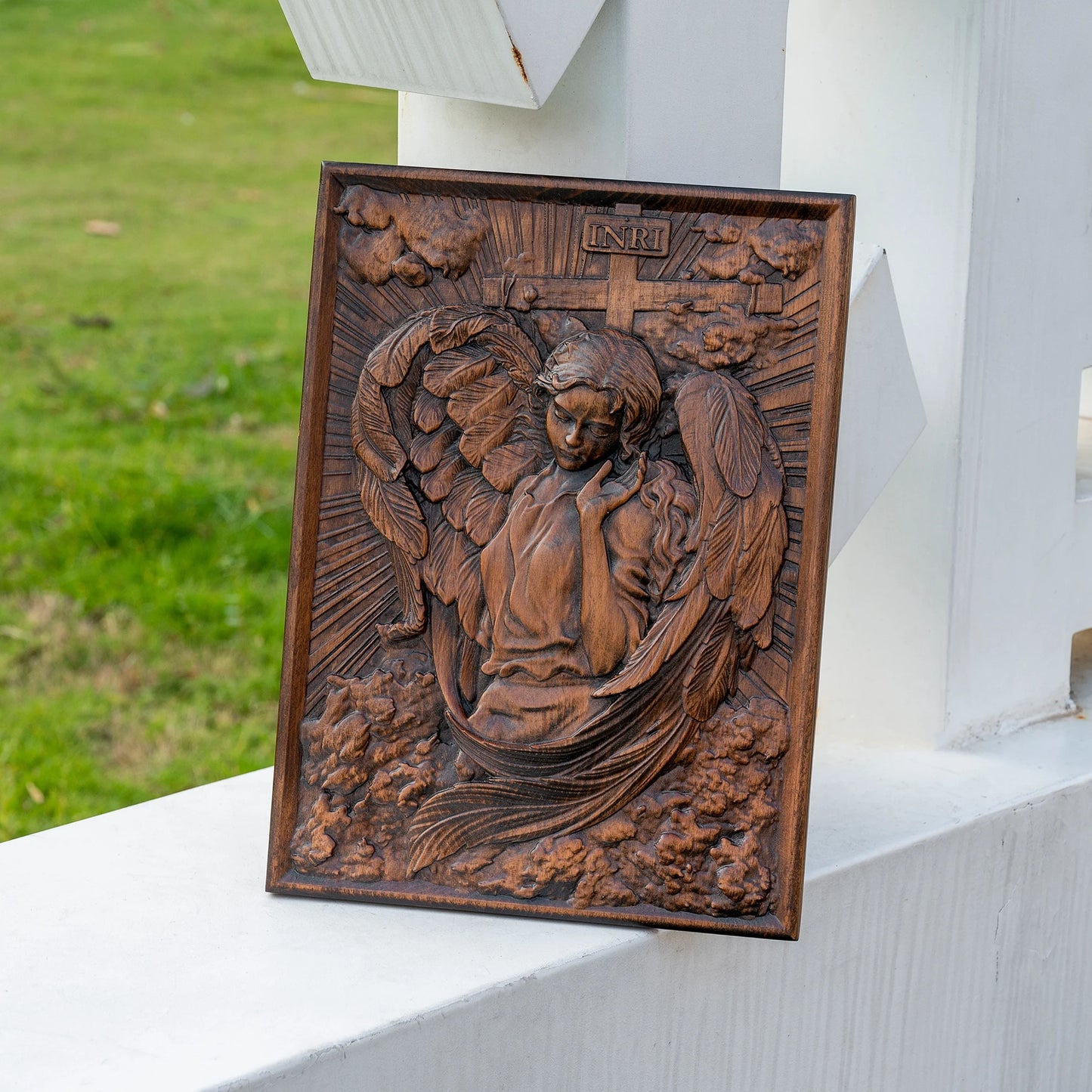 Female Archangel Chamuel wood carving square plaque religious objects Christian icons handmade wood carving decorations