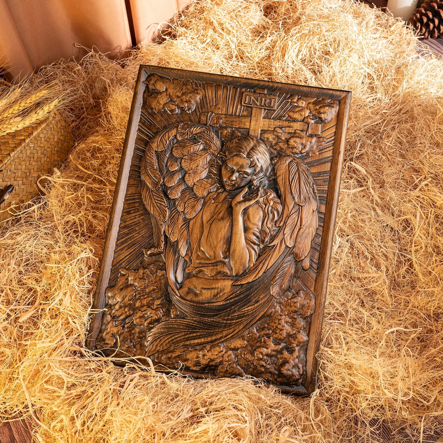 Female Archangel Chamuel wood carving square plaque religious objects Christian icons handmade wood carving decorations